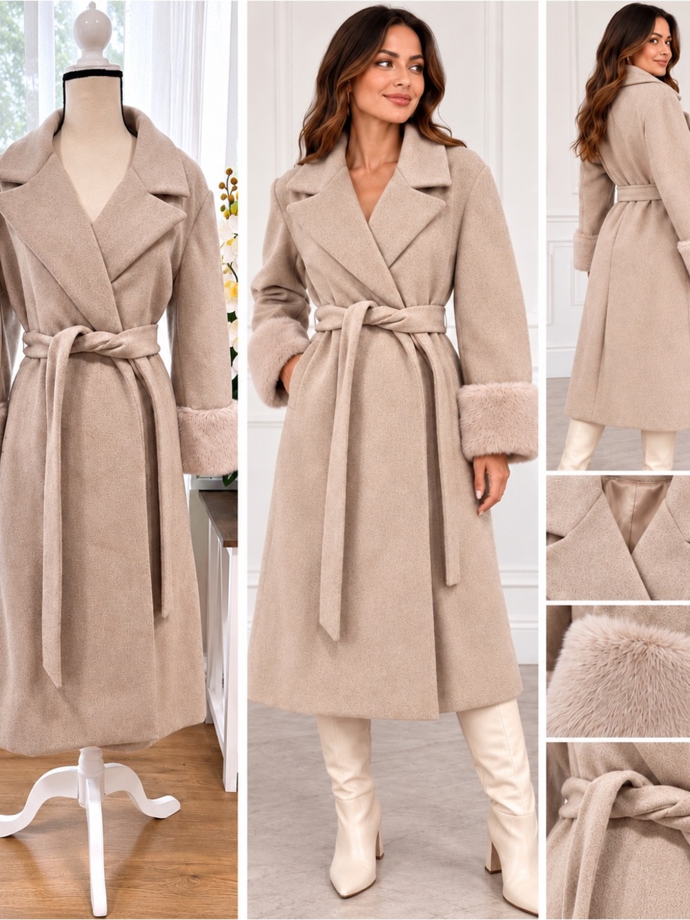 Anne Klein Petite XL Beige Wrap Coat Faux Fur Cuffs Belted NWT